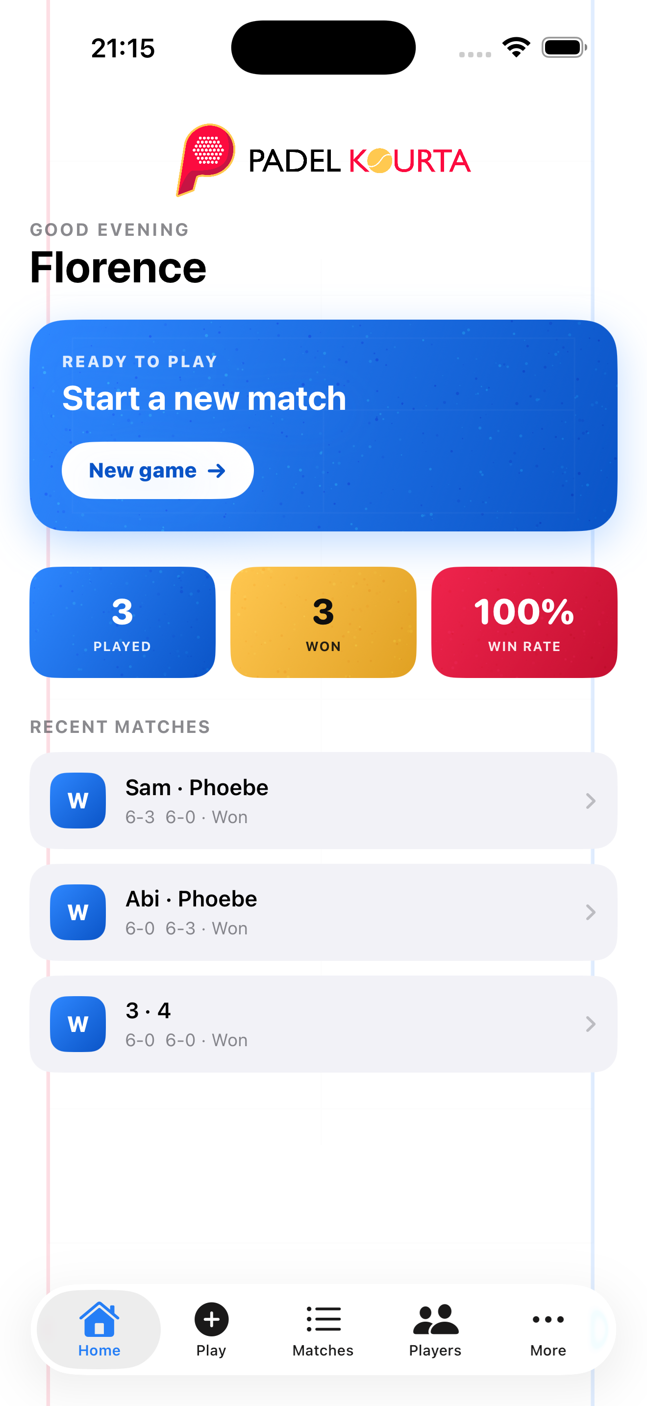 Padel Kourta home screen with recent matches