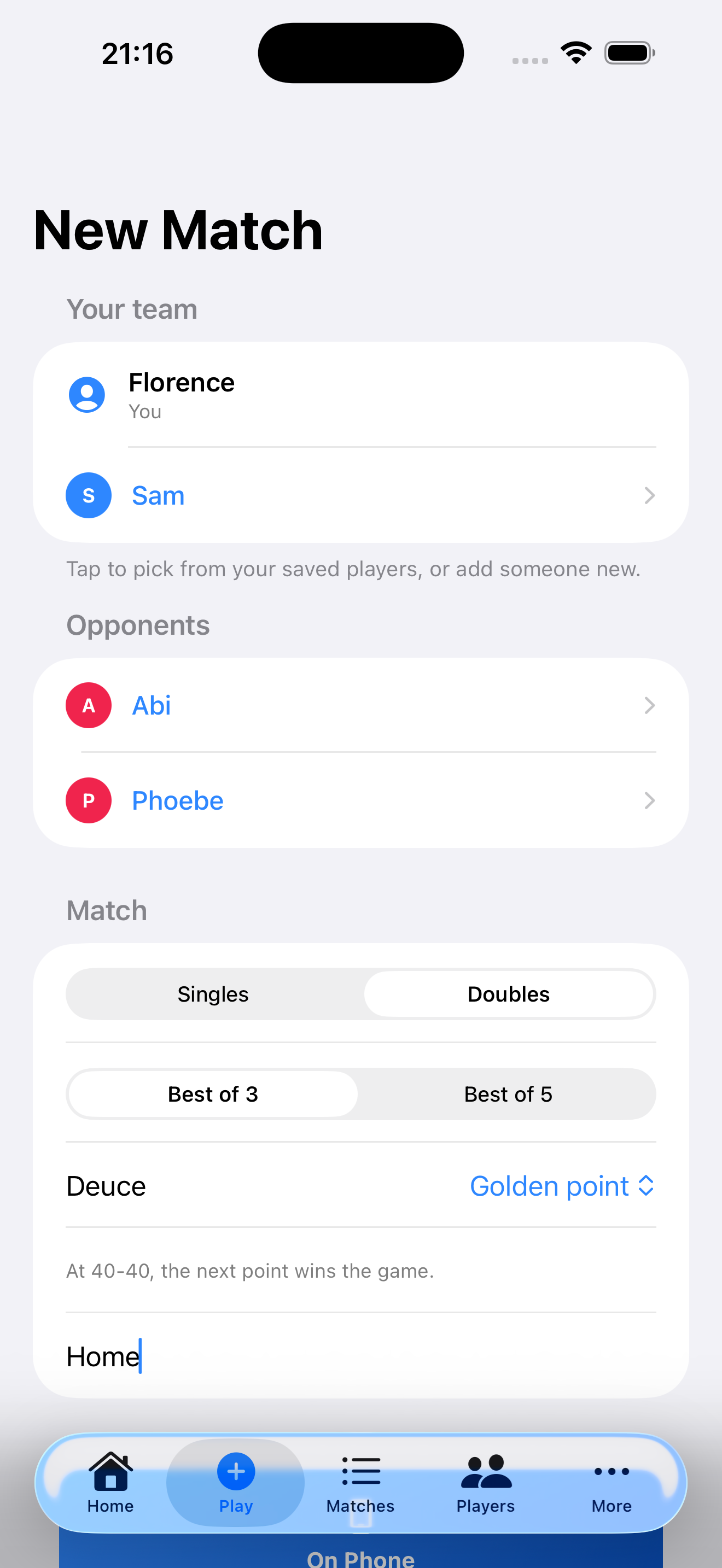 Setting up a new match
